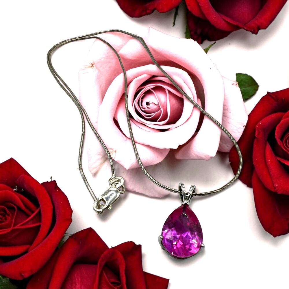 SAM 925 Sterling Silver Pear Cut Pink Sapphire Solitaire Pendant Necklace 20"
